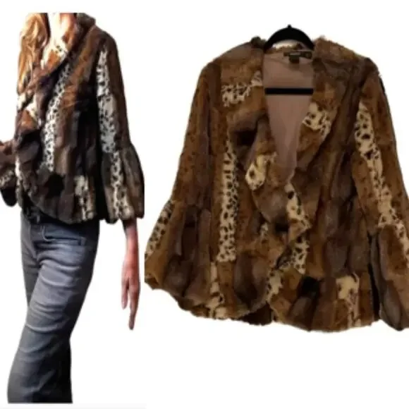 Y2K Pea Coat Sz M Faux Leopard Patchwork Animal Print Jacket Cropped Bell Ruffle - Picture 4 of 15